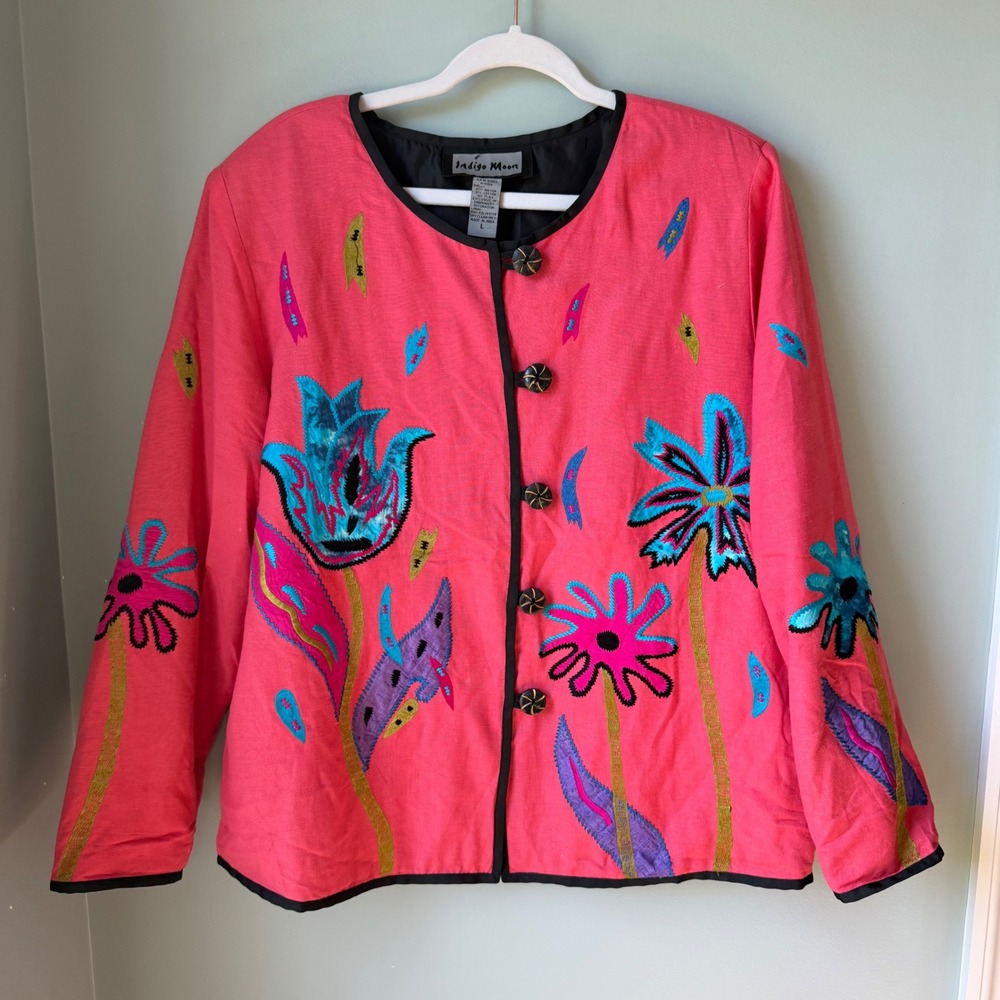 Indigo Moon Floral Embroidered Jacket Pink Turquoise Tulips Button Down Large